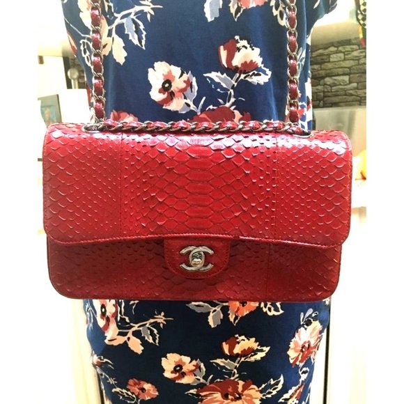 Chanel Womens Red Python Leather Classic Double Flap Jumbo Handbag - Picture 7 of 11